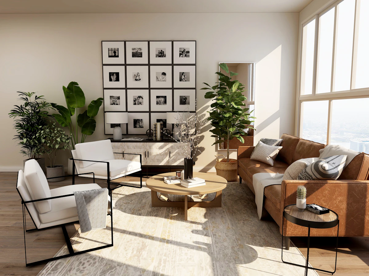 Warm, sunlit living room with natural wood, soft linen seating, and greenery